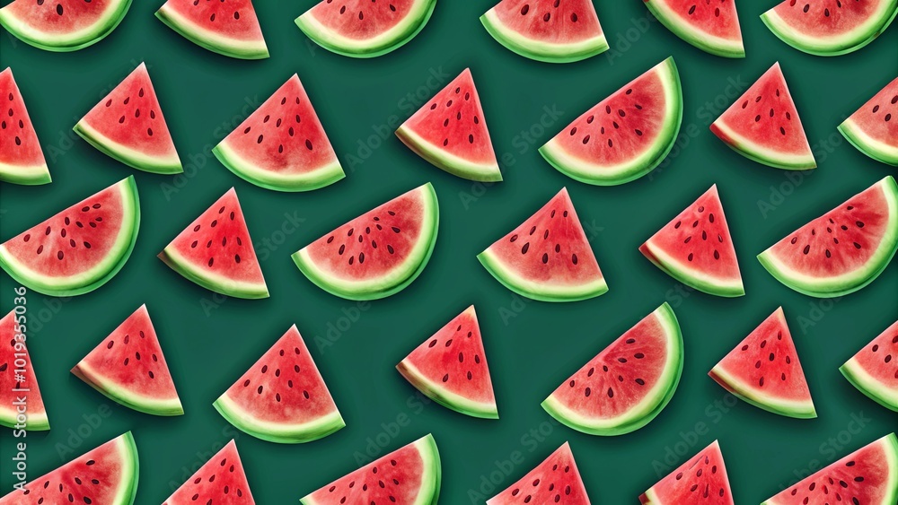 A symphony of summer Watermelon slices arranged in a captivating pattern, a vibrant burst of red against a rich green backdrop. A symphony of summer Watermelon slices arranged in a captivating pattern, a vibrant burst of red against a rich green backdrop.