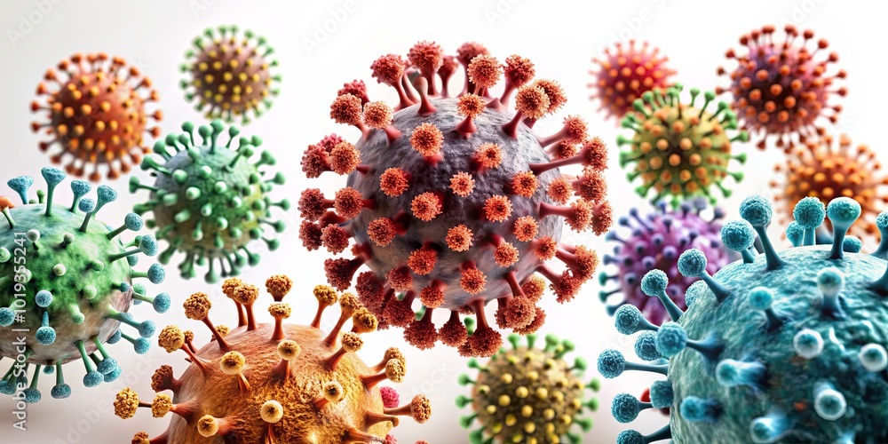 A Diverse Array of Virus Particles, Each with Its Own Unique Structure and Color, Representing the Complexity of Infectious Agents A Diverse Array of Virus Particles, Each with Its Own Unique Structure and Color, Representing the Complexity of Infectious Agents