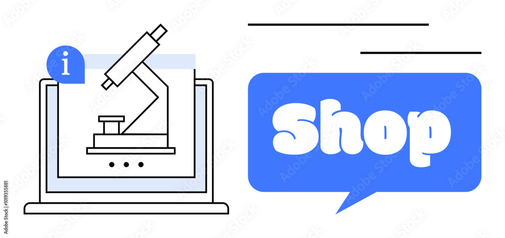 Microscope on a laptop screen with information icon on the left and a blue speech bubble with the word Shop on the right. Ideal for online shopping education technology e-commerce science research Microscope on a laptop screen with information icon on the left and a blue speech bubble with the word Shop on the right. Ideal for online shopping education technology e-commerce science research