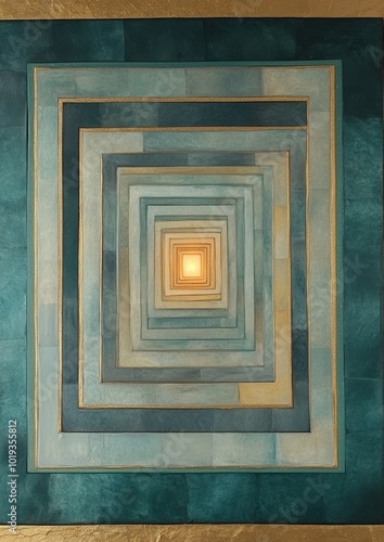 Intricate Geometric Illusion: Symmetrical Square Patterns Creating a Mesmerizing Optical Spiral with a Warm Central Glow photo