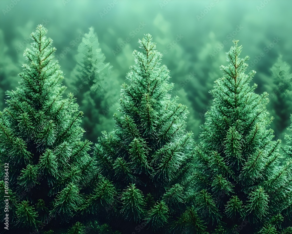 A close-up of lush, green pine trees in a forest, with a soft, hazy background. A close-up of lush, green pine trees in a forest, with a soft, hazy background.