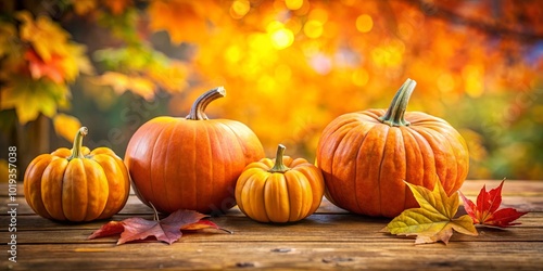 Autumnal Harvest A Still Life of Pumpkins and Fallen Leaves on a Rustic Wooden Table