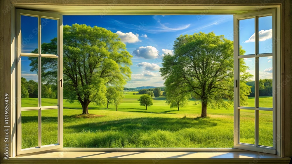 Naklejka premium A Tranquil View Through Open Windows Revealing Lush Green Meadows, Expansive Sky, and Majestic Trees Bathed in Sunshine