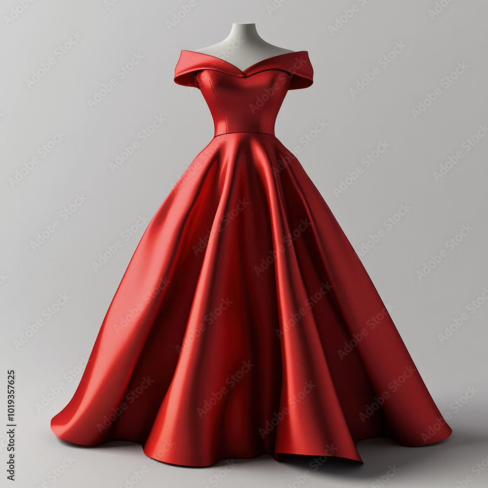Red ball gown with a long train, elegantly draped on a mannequin in a dimly lit boutique setting, highlighting the intricate lace detailing and sparkling embellishments. Red ball gown with a long train, elegantly draped on a mannequin in a dimly lit boutique setting, highlighting the intricate lace detailing and sparkling embellishments.