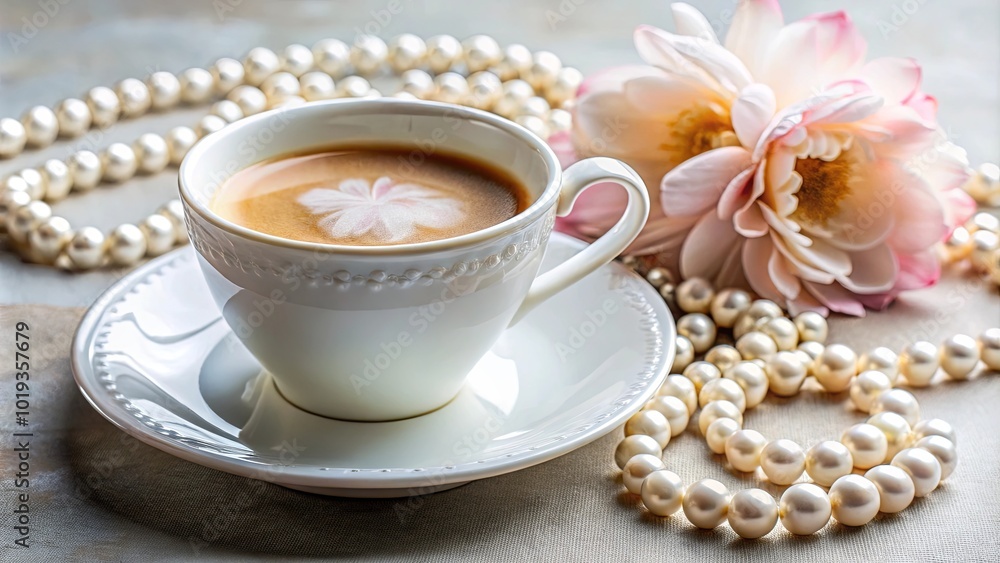 A delicate flower design graces the surface of a steaming cup of coffee, surrounded by a strand of pearls and a blooming flower, creating a serene and elegant scene. A delicate flower design graces the surface of a steaming cup of coffee, surrounded by a strand of pearls and a blooming flower, creating a serene and elegant scene.