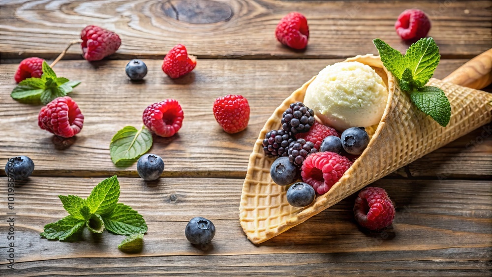 Creamy Delights Nestled in a Crispy Cone, Adorned with a Symphony of Berries and Refreshing Mint Creamy Delights Nestled in a Crispy Cone, Adorned with a Symphony of Berries and Refreshing Mint