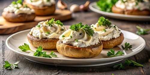 Creamy Mushroom Bites with Parsley Garnish, Served on a White Plate, Against a Rustic Wooden Background