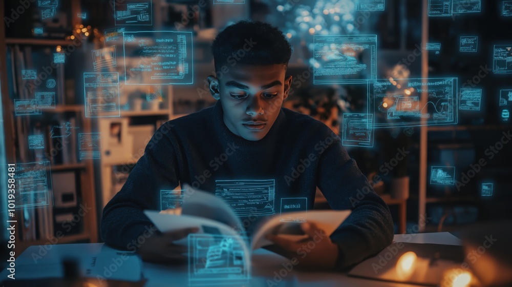 Student studying with holographic educational tools