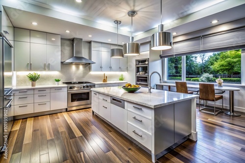 Sleek Modern Kitchen Featuring White Cabinets, Stainless Steel Appliances, and Bright Open Space Design