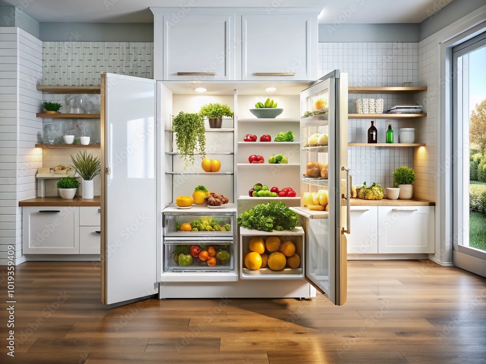 Sleek White Gold Refrigerator in Modern Kitchen with Open Door and Fresh Produce Inside Sleek White Gold Refrigerator in Modern Kitchen with Open Door and Fresh Produce Inside