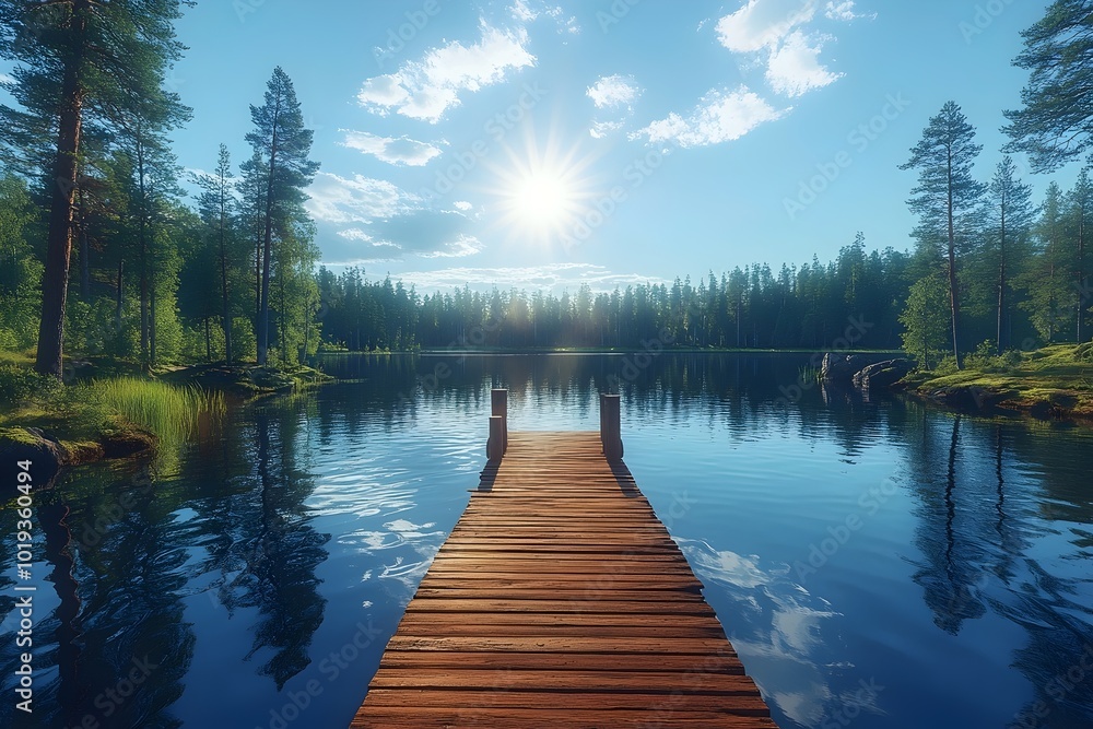 A wooden dock extends out into a tranquil lake surrounded by lush greenery and a bright blue sky. A wooden dock extends out into a tranquil lake surrounded by lush greenery and a bright blue sky.