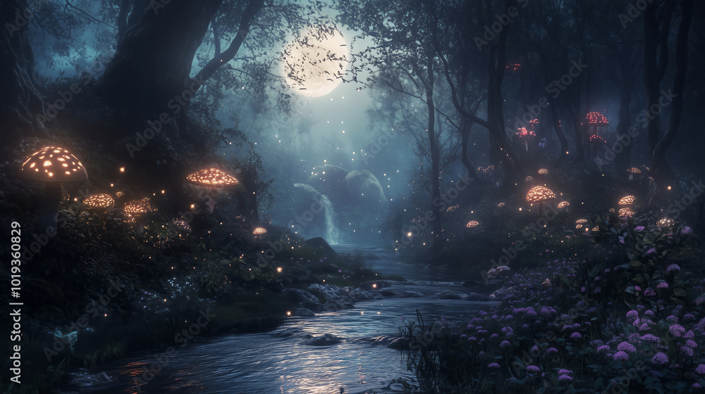 Obraz premium Enchanted Glade Forest Night with Moon, Stream, and Mushrooms. Surreal Landscape Illustration.