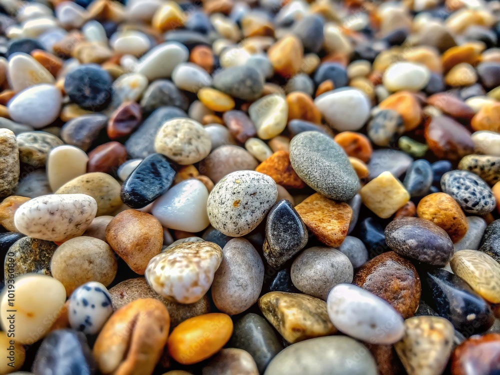 Smooth small stones in various shades of gray and beige scattered on a textured surface outdoors Smooth small stones in various shades of gray and beige scattered on a textured surface outdoors