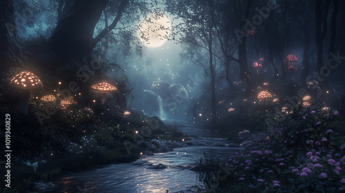 Enchanted Glade Forest Night with Moon, Stream, and Mushrooms. Surreal Landscape Illustration.