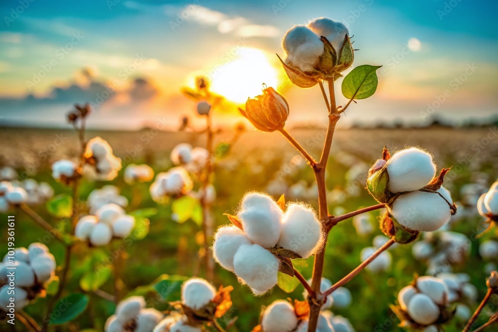 Fototapeta premium Soft and Fluffy Cotton Bolls on Green Stem Surrounded by Natural Light in a Field Setting