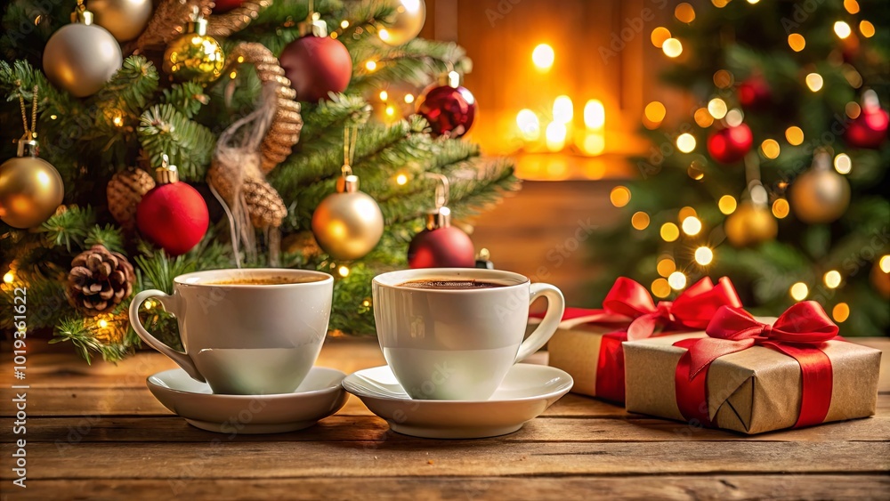 Two steaming cups of coffee on a wooden table next to a festively decorated Christmas tree with twinkling lights and a wrapped gift with a red ribbon, evoking a sense of warm winter cheer. Two steaming cups of coffee on a wooden table next to a festively decorated Christmas tree with twinkling lights and a wrapped gift with a red ribbon, evoking a sense of warm winter cheer.