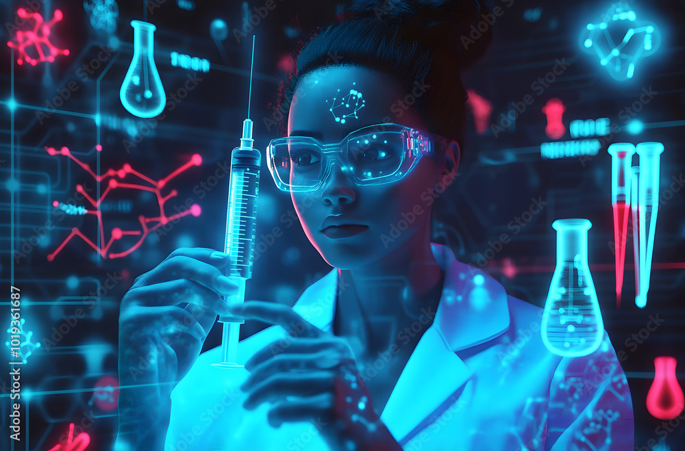 A scientist is holding a syringe with the needle pointing upward design, surrounded by icons representing medical research and technology design A scientist is holding a syringe with the needle pointing upward design, surrounded by icons representing medical research and technology design