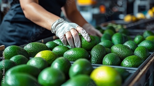 An experienced woman in gloves sorts fresh avocados on a conveyor belt, readying them for packing in a fruit processing facility. photo