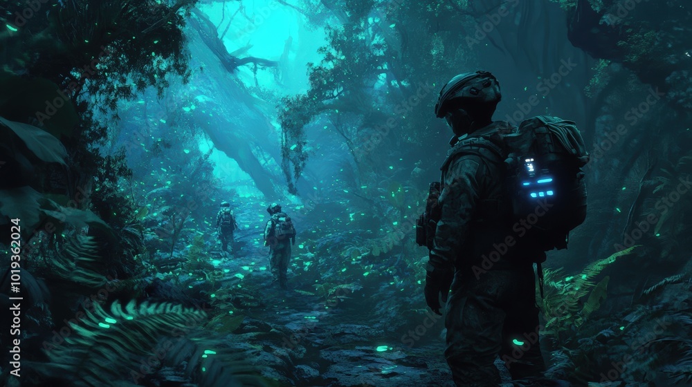 Soldiers walk through glowing forest. Soldiers walk through glowing forest.