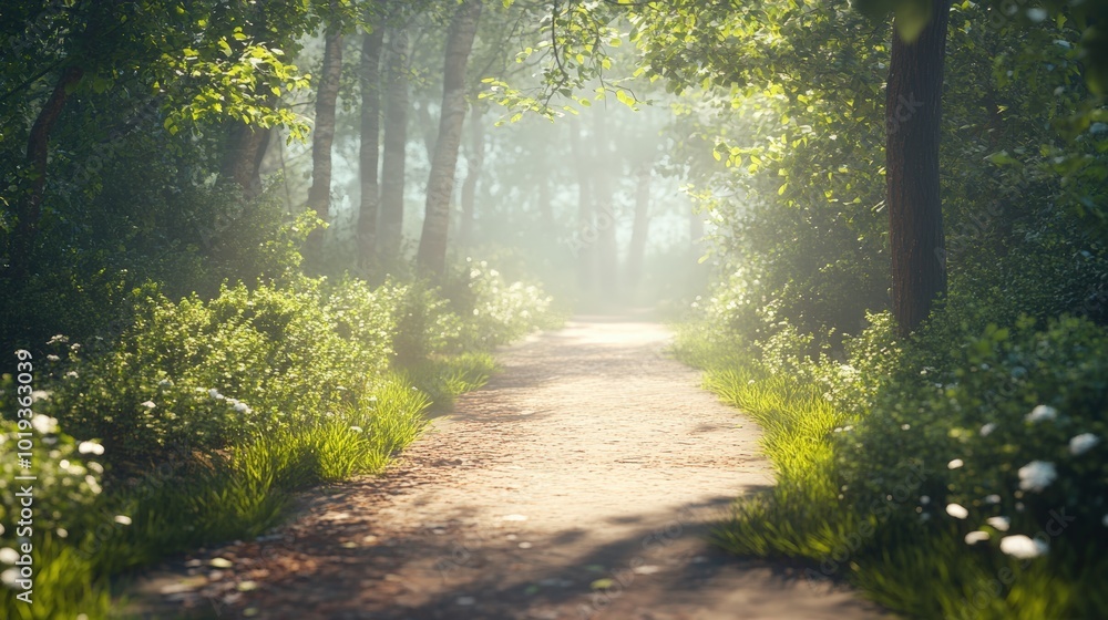 Obraz premium Sun-drenched forest path through leafy trees.