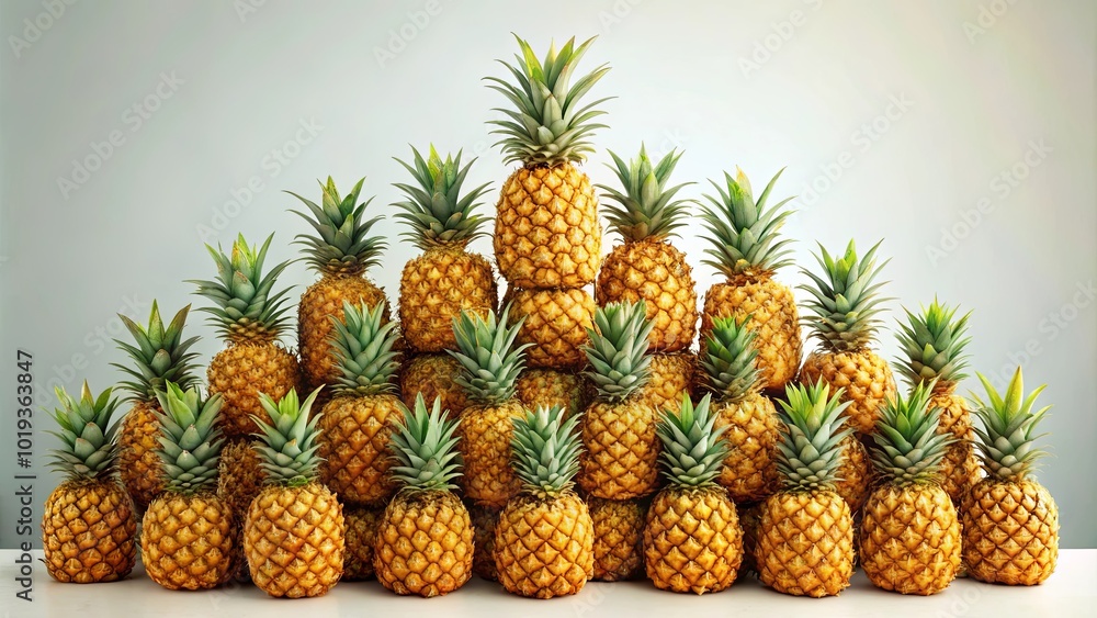 A vibrant arrangement of pineapples in a pyramid shape, showcasing the tropical fruit's distinctive texture and bright yellow hue. A vibrant arrangement of pineapples in a pyramid shape, showcasing the tropical fruit's distinctive texture and bright yellow hue.
