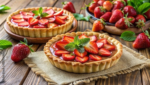 Sweet Strawberry Tartlets Decorated with Fresh Mint Leaves on Rustic Wooden Surface