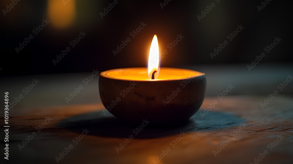 A close-up shot of a lit candle in a wooden bowl on a wooden surface, the flame casting a warm glow against a dark background. A close-up shot of a lit candle in a wooden bowl on a wooden surface, the flame casting a warm glow against a dark background.