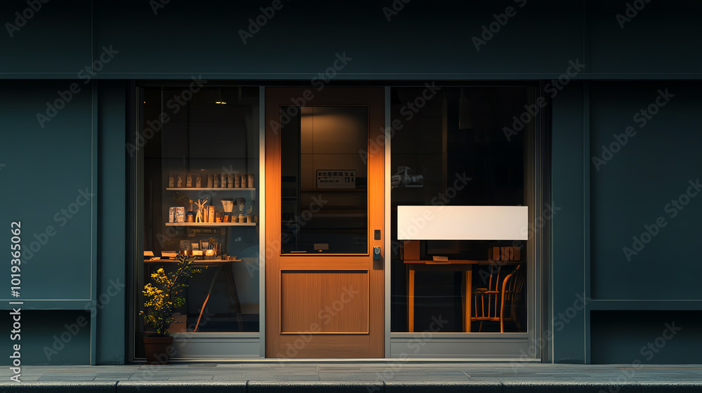 Charming storefront with warm lighting and inviting wooden door, white isolated background. Charming storefront with warm lighting and inviting wooden door, white isolated background.