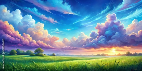 A Field of Green Grasses Underneath a Vast Sky Filled With Pink, Blue, and White Clouds as the Sun Begins to Set