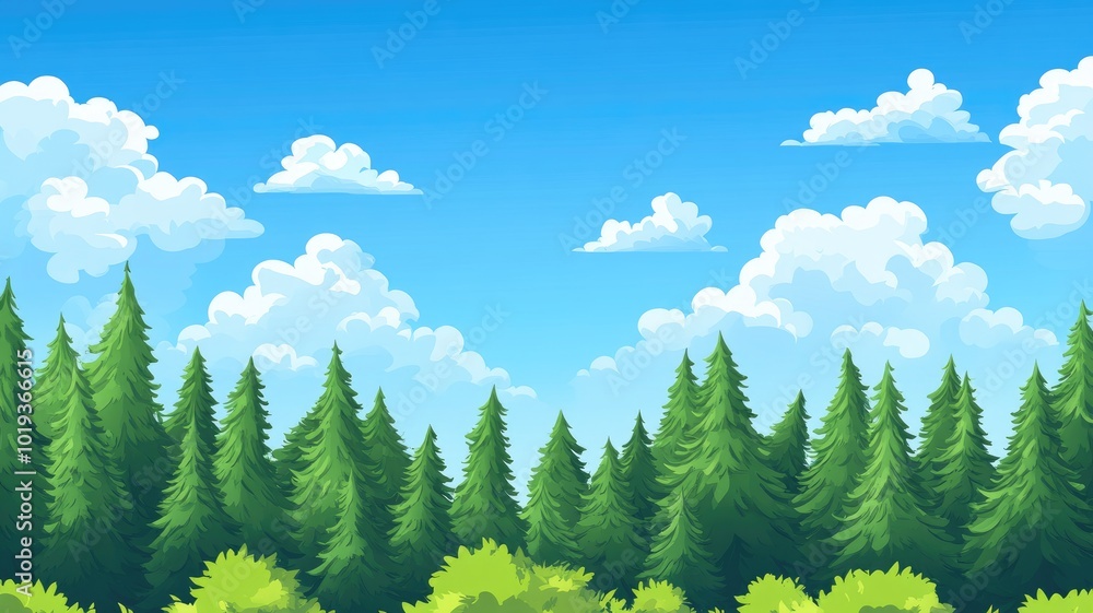 Fototapeta premium Lush Green Evergreen Forest Against a Blue Sky with Fluffy Clouds