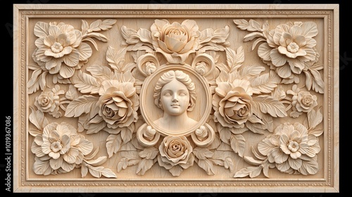 Fototapeta Naklejka Na Ścianę i Meble -  Intricate Carved Wooden Floral Panel with Woman s Face