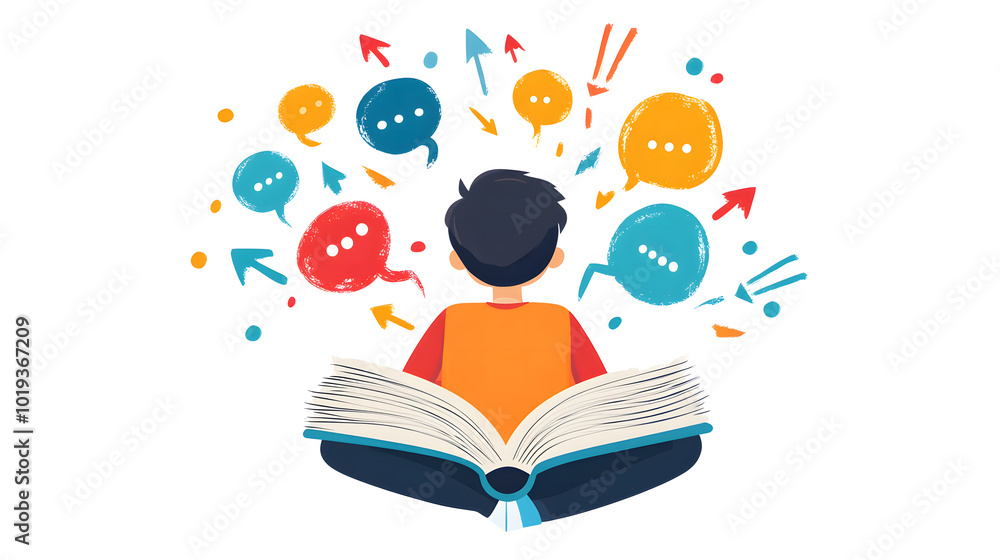 A simple, flat illustration design of a student with a backpack sitting and reading design. Speech bubbles on the side show different strings connected to other words or graphic design