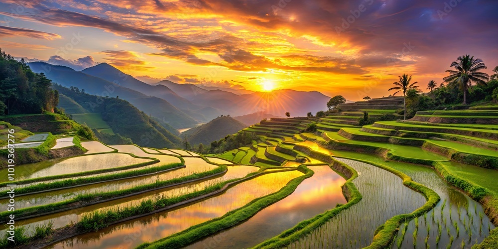 Terraced Rice Paddies Reflecting a Fiery Sunset Over Lush Green Hills Terraced Rice Paddies Reflecting a Fiery Sunset Over Lush Green Hills
