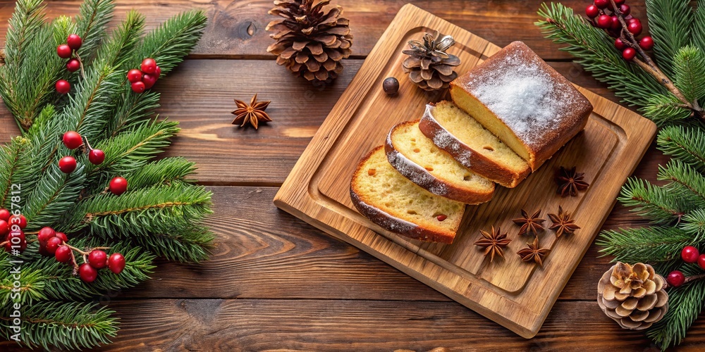 A Festive Tabletop with Slices of Sweet Bread, Evergreen Branches, Pine Cones, and Star Anise A Festive Tabletop with Slices of Sweet Bread, Evergreen Branches, Pine Cones, and Star Anise