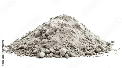 A close-up image of a pile of gray, powdery substance, likely cement or a similar building material.