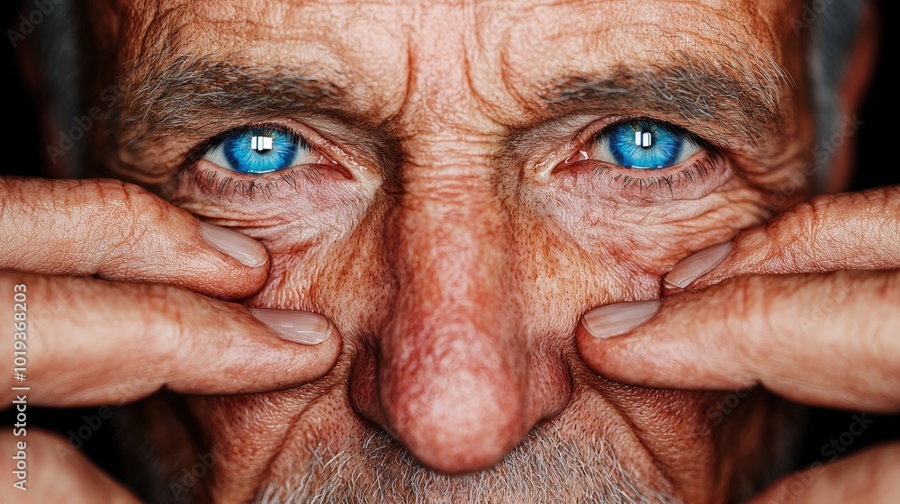 Close up Portrait of Elderly Man with Intense Blue Eyes and Wrinkled Skin Close up Portrait of Elderly Man with Intense Blue Eyes and Wrinkled Skin