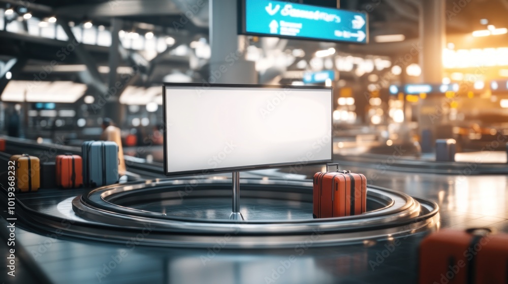 A mock-up of an empty billboard at an airport, surrounded by luggage on a circular walkway with suitcases in the background A mock-up of an empty billboard at an airport, surrounded by luggage on a circular walkway with suitcases in the background