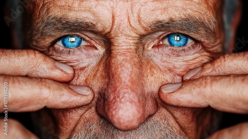 Close up Portrait of Elderly Man with Intense Blue Eyes and Wrinkled Skin