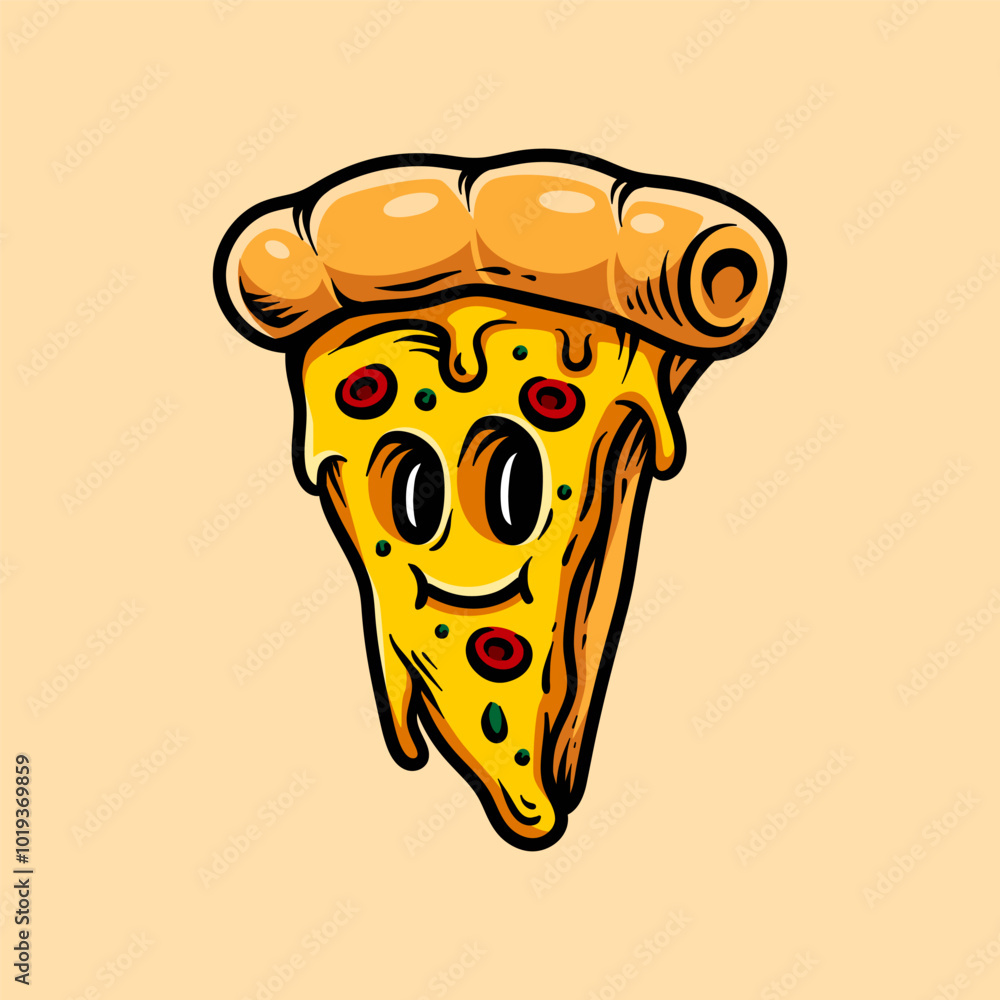 Fun smilling face cartoon of sliced pizza with vintage classic art line style Fun smilling face cartoon of sliced pizza with vintage classic art line style