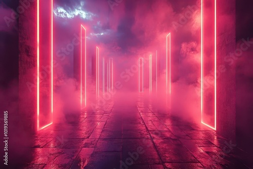 retrofuturistic 1980sinspired backdrop for music festival neon grids geometric shapes and synthwave aesthetics create an electrifying visual experience photo