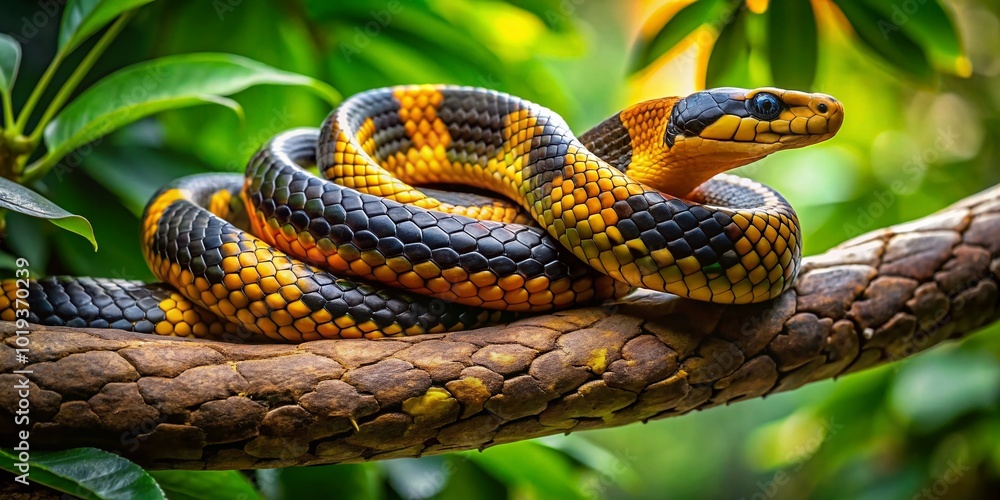 Fototapeta premium Striking Golden and Black Snake Coiled on Branch with Lush Green Foliage in Nature's Habitat