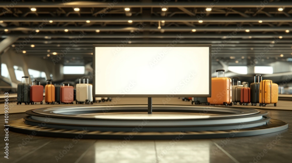 A mock-up of an empty billboard at an airport, surrounded by luggage on a circular walkway with suitcases in the background A mock-up of an empty billboard at an airport, surrounded by luggage on a circular walkway with suitcases in the background