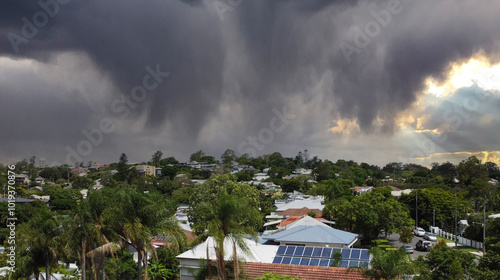 Heavy tropical storm clouds and rain over the city of Brisbane, Queensland, Australia with beams of sunlight