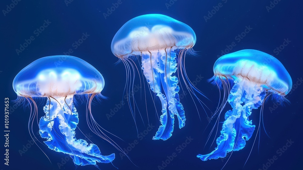 Bioluminescent Jellyfish Swimming in Blue Ocean Bioluminescent Jellyfish Swimming in Blue Ocean