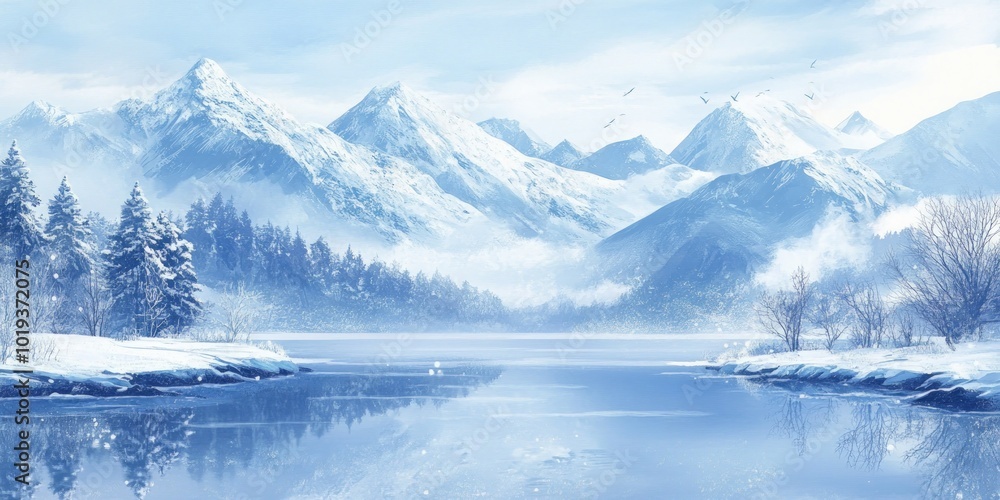 A serene winter landscape featuring snow-capped mountains reflected in a frozen lake, with a touch of mist and a hint of trees along the shoreline. A serene winter landscape featuring snow-capped mountains reflected in a frozen lake, with a touch of mist and a hint of trees along the shoreline.