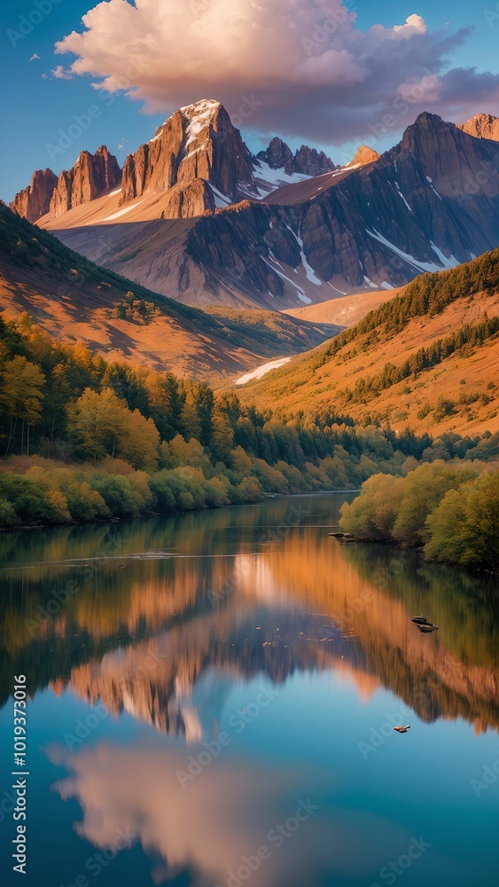 Naklejka premium Snow-capped mountains reflected in the lake