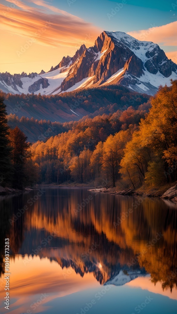 Fototapeta premium Snow-capped mountains reflected in the lake