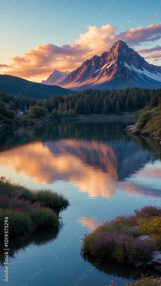 Snow-capped mountains reflected in the lake Snow-capped mountains reflected in the lake