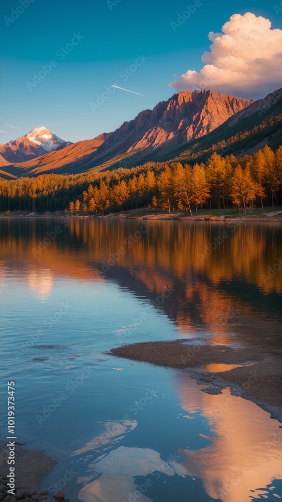 Fototapeta premium Snow-capped mountains reflected in the lake