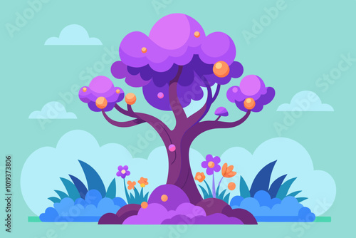 Fantasy tree with flowers purple scenery vector art illustration photo